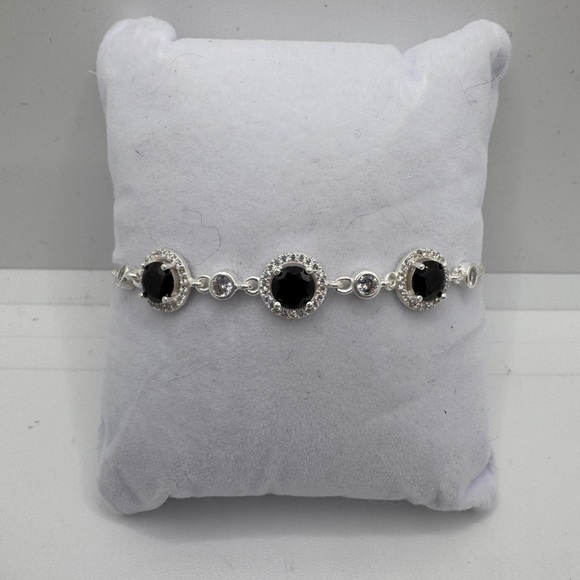 Sterling Silver Adjustable Bracelet Faux Sapphire Clear Crystals .925 - Picture 6 of 13